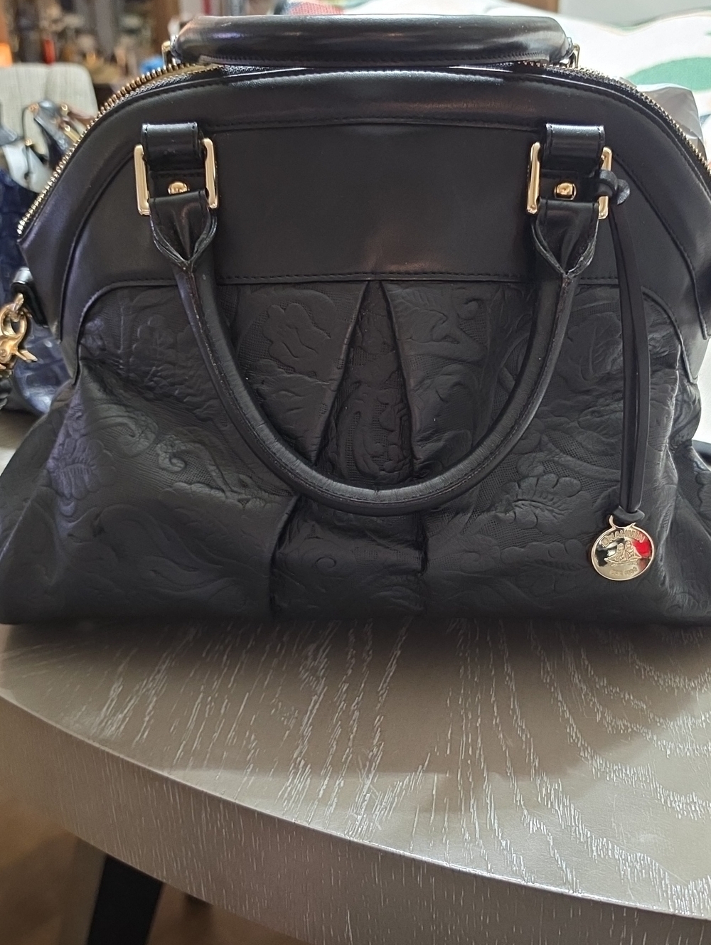 Brahmin Black Embossed Floral Satchel